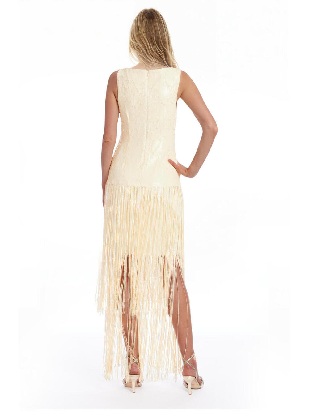 Badgley Mischka Emilia Tiered Sequin Fringe V-Neck Dress Butter Yellow * 4 Party - Picture 6 of 8